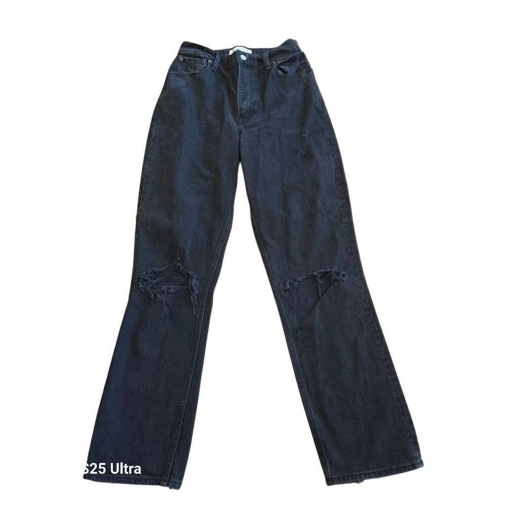Abercrombie & Fitch the 90s straight ultra high rise distressed black jeans Sz 2
